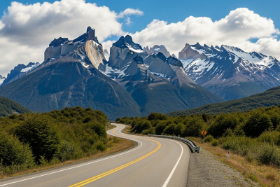 Carretera Austral serpenteando hacia el horizonte con majestuosas montañas nevadas al fondo bajo un cielo parcialmente nublado.